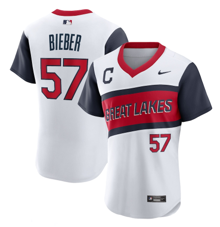 Men's Cleveland Indians #57 Shane Bieber 2021 White Little League Classic Home Flex Base Stitched Baseball Jersey Men's Cleveland Indians #57 Shane Bieber 2021 White Little League Classic Home Flex Base Stitched Baseball Jersey